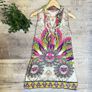 Joyous & Free Bright Paisley Boho Shift Dress - Pink & Lime